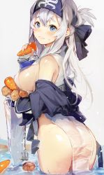 Rule 34 | 10s, 1girl, ainu clothes, anchor, ass, blue eyes, blue gloves, blush, breasts, carrot, chain, closed mouth, cowboy shot, folded ponytail, from behind, gloves, headband, highres, hougu souji, jacket, kamoi (kancolle), kantai collection, large breasts, long hair, looking to the side, onion, simple background, solo, thick eyebrows, wading, wavy mouth, wet, white hair
