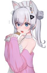 Rule 34 | 1girl, :o, absurdres, animal ears, apron, bare shoulders, blue eyes, blush, breasts, cleavage, collarbone, detached collar, double bun, eating, fake animal ears, goddess of victory: nikke, grey hair, hair between eyes, hair bun, highres, jacket, kano hoshi, looking at viewer, maid, maid apron, maid headdress, n102 (nikke), off shoulder, open mouth, pink jacket, short twintails, simple background, small breasts, solo, twintails, white background