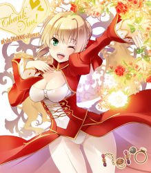 Rule 34 | 10s, 1girl, :d, ahoge, blonde hair, breasts, character name, cleavage, dress, epaulettes, fate/extra, fate (series), flower, gluteal fold, green eyes, hand on own chest, leotard, maki (seventh heaven maxion), milestone celebration, nero claudius (fate), nero claudius (fate), nero claudius (fate/extra), one eye closed, open mouth, outstretched hand, red dress, rose, see-through, smile, solo, thank you, type-moon, wink