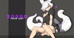 Rule 34 | 1girl, aio fuwamiya (shuuko), animal ears, arm support, between legs, black background, black shirt, breasts, closed eyes, english text, facing viewer, feet out of frame, female focus, fox ears, fox girl, fox tail, grin, hand between legs, heart, highres, invisible chair, medium breasts, milestone celebration, original, outline, pink outline, shirt, short hair, short sleeves, shorts, shuuko (s h uuko), single bare shoulder, sitting, smile, solo, tail, teeth, thank you, white shorts