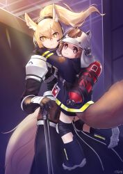 Rule 34 | 2girls, absurdres, animal ear fluff, animal ears, animal ears helmet, arknights, armor, artist name, atgyu, blonde hair, brown eyes, brown hair, carrying, carrying over shoulder, commentary request, fire helmet, firefighter, firefighter jacket, hair between eyes, headphones, headset, highres, horse ears, horse girl, horse tail, jacket, knee pads, large tail, looking at viewer, multiple girls, nearl (arknights), oxygen tank, ponytail, shaw (arknights), short hair, shoulder pads, squirrel girl, squirrel tail, tail, white armor