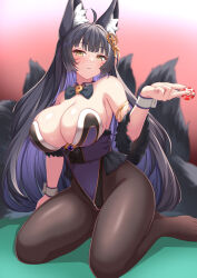 Rule 34 | 1girl, absurdres, ahoge, alternate costume, animal ear fluff, animal ears, azur lane, bare shoulders, between fingers, black bow, black bowtie, black hair, black pantyhose, blurry, blurry background, blush, bow, bowtie, breasts, cleavage, collar, depth of field, detached collar, facial mark, fox ears, fox girl, fox tail, half-closed eyes, hand up, highres, holding, kitsune, large breasts, leotard, looking at viewer, magatama, moyoron, multicolored hair, musashi (azur lane), no shoes, pantyhose, parted lips, poker chip, purple hair, purple leotard, solo, strapless, strapless leotard, tail, two-tone hair, whisker markings, white collar, wing collar, yellow eyes