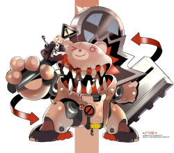 Rule 34 | 1girl, absurdres, animal ears, arknights, arrow (symbol), bear, bear ears, black jacket, blonde hair, candy hair ornament, character name, chinese commentary, food-themed hair ornament, gummy (arknights), hair ornament, highres, holding, holding spatula, hook, jacket, long sleeves, mecha, orange theme, road sign, robot, shield, shinnasuka025, short hair, sign, simple background, sitting, solo, spatula, teeth, ursus empire logo, warning sign, white background, winch
