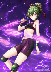 Rule 34 | 1girl, adsouto, alternate costume, artist name, bike shorts, breasts, closed mouth, crop top, dagger, earrings, electricity, genshin impact, hair ornament, highres, holding, holding dagger, holding knife, holding weapon, jewelry, knee pads, knife, kuki shinobu, midriff, navel, no mask, patreon username, reverse grip, rope, shimenawa, short ponytail, small breasts, solo, sports bra, sportswear, stomach, tassel, tassel earrings, twitter username, v-shaped eyebrows, watermark, weapon, web address, wristband