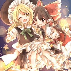 Rule 34 | 2girls, bare shoulders, blonde hair, bow, bowtie, broom, broom riding, brown eyes, brown hair, commentary request, detached sleeves, frilled skirt, frills, green bow, green bowtie, hair bow, hair tubes, hakurei reimu, hat, kirisame marisa, kosencha, large bow, multiple girls, one eye closed, open mouth, red bow, skirt, star (symbol), touhou, witch hat, yellow eyes