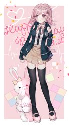 Rule 34 | 1girl, animal ears, arm at side, backpack, bag, black jacket, black shirt, black thighhighs, blunt bangs, blush, border, bow, breasts, brown skirt, collared shirt, commentary, contrapposto, covering own mouth, dalrye v3, danganronpa (series), danganronpa 2: goodbye despair, dated, diaper, dress shirt, ear bow, ear ribbon, falling petals, flipped hair, full body, hair ornament, hairclip, hand up, happy birthday, heart, highres, holding strap, hood, hooded jacket, hoodie, jacket, large breasts, long sleeves, looking at viewer, mary janes, medium hair, miniskirt, monomi (danganronpa), nanami chiaki, neck ribbon, open clothes, open jacket, petals, pink eyes, pink footwear, pink hair, pink ribbon, pleated skirt, ribbon, shirt, shirt tucked in, shoes, short hair, skirt, sleeves past wrists, spaceship hair ornament, standing, stuffed animal, stuffed rabbit, stuffed toy, symbol-only commentary, tetris, thighhighs, twitter username, two-tone shirt, white border, white shirt, zettai ryouiki