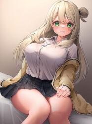 Rule 34 | 1girl, awa yume, bed, blonde hair, blue archive, breasts, collared shirt, indoors, jacket, large breasts, long hair, long sleeves, looking at viewer, nonomi (blue archive), shirt, sitting, skirt, solo, white shirt