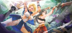 2girls absurdres arms_up atelier_(series) atelier_resleriana bare_back blonde_hair blue_skirt blurry blurry_background breasts brown_eyes brown_hair cleavage crop_top fighting frown furrowed_brow game_cg highres holding holding_sword holding_weapon juna_waitz juna_waitz_(valkyrie_in_the_sky) large_breasts linca_(eighth)_(atelier) linca_(eighth)_(valkyrie_of_the_sun)_(atelier) long_hair multiple_girls non-web_source official_alternate_costume official_art open_mouth outdoors people purple_eyes short_hair shorts skirt standing sword thighhighs weapon white_shorts white_thighhighs