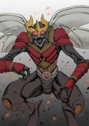 Rule 34 | absurdres, another kuuga (zi-o), another rider (zi-o), armor, bug, giant, giant monster, gold horns, highres, horns, hunched over, insect wings, kaijuu, kamen rider, kamen rider: heisei generations forever, kamen rider zi-o (series), monster, multiple wings, oosaki takahito, open mouth, red armor, red eyes, rider belt, sharp teeth, teeth, wings