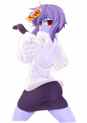 Rule 34 | 1girl, artist request, ass, blouse, blush, capcom, female focus, highres, jiangshi, lei lei, necktie, purple hair, red eyes, shirt, simple background, skirt, solo, vampire (game), white background