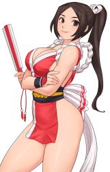 Rule 34 | 1girl, bare shoulders, blush, breasts, brown hair, cleavage, closed mouth, commentary request, crossed arms, fatal fury, hand fan, highres, holding, japanese clothes, large breasts, lips, long hair, looking at viewer, ninja, parted bangs, pelvic curtain, ponytail, rope, shigenobu, shiny skin, shiranui mai, simple background, sleeveless, smile, snk, solo, the king of fighters, thighs, white background
