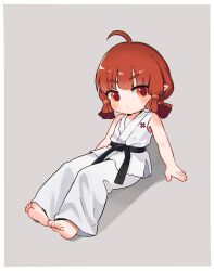 Rule 34 | 1girl, ahoge, barefoot, belt, black belt, blush, border, chinese commentary, closed mouth, commentary request, dougi, feet, full body, grey background, highres, kuma-bound, looking at viewer, low twintails, martial arts belt, medium hair, original, pants, red eyes, red hair, short twintails, simple background, sitting, soles, solo, toes, twintails, white border, white pants