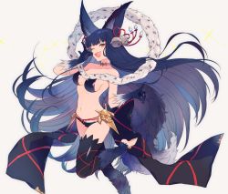 Rule 34 | 1girl, ;d, animal ears, bare shoulders, barefoot, bell, black gloves, black thighhighs, blunt bangs, breasts, choker, collarbone, erune, fang, fox ears, fox shadow puppet, fox tail, fur, fur trim, gloves, granblue fantasy, grey background, groin, hair bell, hair ornament, hair ribbon, highres, jingle bell, long hair, looking at viewer, medium breasts, navel, o-ishi, one eye closed, open mouth, red eyes, ribbon, sideboob, simple background, smile, solo, tail, thighhighs, toeless legwear, very long hair, yuel (granblue fantasy)
