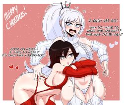 Rule 34 | 2girls, absurdres, anger vein, ass, bent over, black hair, blue eyes, blush, breasts, christmas, crop top, detached sleeves, english text, garter straps, gradient hair, grey eyes, heart, highres, hug, kinathefox, large breasts, long hair, meme attire, merry christmas, multicolored hair, multiple girls, no bra, open mouth, panties, ponytail, red hair, red panties, red sweater, ribbed panties, ribbed sweater, ribbed thighhighs, ruby rose, rwby, short hair, sideboob, sweat, sweater, thick thighs, thigh gap, thighhighs, thighs, turtleneck, turtleneck sweater, underwear, virgin destroyer sweater, weiss schnee, white hair, white panties, white sweater, wide hips, yuri