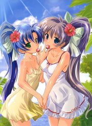 Rule 34 | 2girls, absurdres, black hair, blue eyes, blue hair, blush, bow, breasts, camisole, character request, cleavage, cloud, day, dress, feeding, female focus, flower, flower on head, food, food in mouth, fruit, green eyes, hair bow, hair flower, hair ornament, hair ribbon, holding hands, hibiscus, highres, interlocked fingers, komatsu eiji, long hair, looking at viewer, mouth hold, multiple girls, plant, ponytail, purple hair, ribbon, sky, small breasts, smile, source request, strawberry, sundress, sunlight, tree, very long hair, yuri