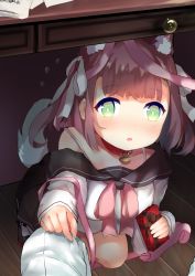 Rule 34 | 1boy, 1girl, animal ear fluff, animal ears, azur lane, bow, brown hair, clothes grab, collar, commander (azur lane), commentary request, desk, dog ears, dog tail, from above, green eyes, hair bow, hair ribbon, highres, inushida (dogsheepsheep), looking at viewer, looking up, out of frame, pleated skirt, pov, ribbon, school uniform, serafuku, shiratsuyu (azur lane), short hair, skirt, squatting, tail, under table, valentine, wooden floor