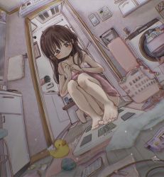 Rule 34 | 1girl, animal, ball, barefoot, bathroom, brown hair, dress, highres, laundry, laundry basket, mouse (animal), nervous, original, pink dress, rubber duck, shinanashina, solo, squatting, toenails, toes, towel, weighing scale
