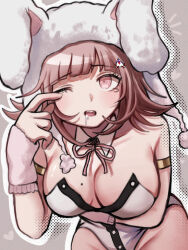 Rule 34 | 1girl, ;o, animal ears, bare shoulders, breasts, danganronpa (series), danganronpa 2: goodbye despair, drooling, fake animal ears, flipped hair, galaga, ikemen&#039;na ore-shi, large breasts, leotard, looking at viewer, medium hair, mole, mole on breast, nanami chiaki, neck ribbon, official alternate costume, one eye closed, playboy bunny, rabbit ears, ribbon, solo, strapless, strapless leotard, tears, wrist cuffs