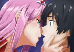 Rule 34 | 10s, 1boy, 1girl, absurdres, bad id, bad pixiv id, black hair, blue eyes, couple, darling in the franxx, face-to-face, green eyes, hairband, hands on another&#039;s face, highres, hiro (darling in the franxx), horns, long hair, looking at another, oni horns, pink hair, short hair, user gdnz3825, white hairband, zero two (darling in the franxx)