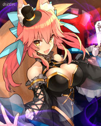 Rule 34 | 1girl, :d, animal ear fluff, animal ears, aoten (aoiroarekore), aqua bow, aqua ribbon, artist name, aura, bare shoulders, black dress, black hat, bow, breasts, cleavage, collar, collarbone, commentary request, cowboy shot, detached sleeves, dress, fang, fate/extra, fate/extra ccc, fate (series), fox ears, fox girl, fox tail, frilled collar, frilled sleeves, frills, gothic lolita, hair between eyes, hair bow, hair ribbon, hat, highres, large breasts, light blush, lolita fashion, long hair, long sleeves, looking at viewer, mini hat, mini top hat, open mouth, pink hair, ribbon, sidelocks, skin fang, smile, solo, split ponytail, tail, talisman, tamamo (fate), tamamo no mae (fate/extra), tamamo no mae (sable mage) (fate), tied sleeves, top hat, wide sleeves, yellow eyes