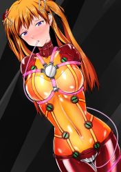 Rule 34 | 1girl, absurdres, arms behind back, artist request, bdsm, blue eyes, blush, bodysuit, bondage, bound, breasts, brown hair, covered navel, embarrassed, hair between eyes, hair ornament, highres, interface headset, long hair, looking at viewer, medium breasts, neon genesis evangelion, plugsuit, shiny clothes, skin tight, solo, souryuu asuka langley, standing, test plugsuit, twintails, two side up, upper body, very long hair