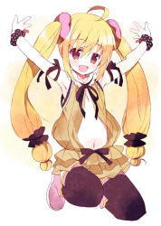 Rule 34 | 1girl, :d, ahoge, arm ribbon, black thighhighs, blonde hair, brown eyes, flat chest, frilled skirt, frills, full body, long hair, looking at viewer, meito (maze), midriff, navel, open mouth, original, ribbon, skirt, smile, solo, thighhighs, twintails, white background