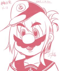Rule 34 | 1girl, :d, anchor symbol, dated, facial hair, fusion, gurande (g-size), hat, inazuma (kancolle), kantai collection, looking at viewer, mario, mario (series), monochrome, mustache, nintendo, open mouth, pink theme, school uniform, serafuku, signature, simple background, smile, solo, upper body, white background