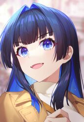 Rule 34 | 1girl, blue eyes, blue hair, blunt bangs, brown coat, coat, colored inner hair, commentary, dark blue hair, fangs, hair intakes, highres, hololive, hololive english, jenevan, long sleeves, looking at viewer, multicolored hair, official alternate costume, official alternate hair length, official alternate hairstyle, open mouth, ouro kronii, ouro kronii (casual), sidelocks, solo, trench coat, turtleneck, upper body, v-shaped eyebrows, virtual youtuber