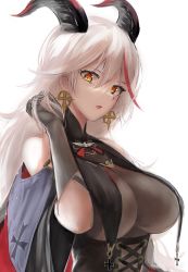 Rule 34 | :o, adjusting hair, aegir (azur lane), azur lane, bare shoulders, breast curtains, breasts, cleavage, corset, cross-laced clothes, earrings, halterneck, halterneck, highres, horns, jewelry, large breasts, looking at viewer, sauvignon, solo, surprised, upper body, white hair, yellow eyes