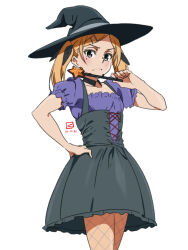 Rule 34 | 1girl, blonde hair, blush, dress, fishnet thighhighs, fishnets, grey eyes, hair ornament, hairclip, hat, highres, holding, holding wand, looking at viewer, miyahara takuya, mole, mole under eye, purple dress, shirobako, solo, thighhighs, twintails, wand, witch hat, yano erika