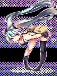 Rule 34 | 1girl, belt, bent over, bikini, bikini top only, checkered background, fingerless gloves, floating hair, gloves, green eyes, green hair, hatsune miku, long hair, matching hair/eyes, pako (moto paco), pigeon-toed, solo, swimsuit, thighhighs, twintails, very long hair, vocaloid
