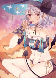 Rule 34 | 1girl, bare shoulders, between legs, black hat, black panties, black shirt, breasts, candy, collarbone, commentary request, crop top, curled horns, demon tail, detached sleeves, food, halloween, hand up, hat, highres, holding, holding candy, holding food, holding lollipop, horns, jack-o&#039;-lantern, lollipop, looking at viewer, medium breasts, midriff, minasenagi, mini wings, no pants, original, panties, pointy ears, puffy short sleeves, puffy sleeves, pumpkin, red eyes, shirt, short hair, short sleeves, side-tie panties, sidelocks, silver hair, sitting, solo, stomach, tail, thighs, tongue, tongue out, underwear, wings, witch, witch hat