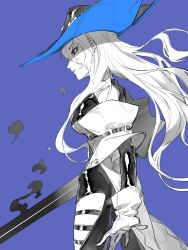 Rule 34 | 1girl, absurdres, arknights, arm cuffs, bare shoulders, black legwear, blue background, cape, detached sleeves, facing to the side, glaring, gloves, hat, highres, holding, holding weapon, limited palette, long hair, looking ahead, mizuno star, red eyes, side slit, simple background, skadi (arknights), skadi (elite ii) (arknights), solo, sword, weapon, white gloves
