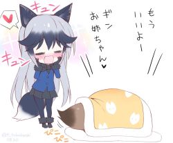Rule 34 | 10s, 2girls, animal ears, black pantyhose, black skirt, blue shirt, blush, bow, bowtie, chibi, closed eyes, commentary request, ezo red fox (kemono friends), fox ears, fox tail, futon, hands on own face, heart, kemono friends, long hair, multiple girls, open mouth, pantyhose, pleated skirt, shirt, silver fox (kemono friends), silver hair, skirt, smile, spoken heart, tail, takahashi tetsuya, translation request, under covers