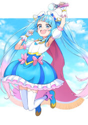 Rule 34 | 1girl, absurdres, ankle boots, armpits, blue cape, blue dress, blue eyes, blue footwear, blue hair, blue sky, boots, bow, brooch, cape, clenched hand, cloud, cloudy sky, commentary, cure sky, cut bangs, day, detached sleeves, dress, dress bow, earrings, fingerless gloves, frilled dress, frills, fringe trim, gloves, gradient hair, hato maron, highres, hirogaru sky! precure, holding, jewelry, jumping, legs up, long hair, looking at viewer, magical girl, multicolored hair, open mouth, outdoors, outside border, pink bow, pink hair, precure, puffy detached sleeves, puffy sleeves, red cape, short dress, single sidelock, sky, sky mirage, sleeveless, sleeveless dress, smile, solo, sora harewataru, streaked hair, thighhighs, twintails, two-sided cape, two-sided fabric, two-tone dress, two-tone hair, very long hair, white dress, white gloves, white thighhighs, wing brooch, wing hair ornament