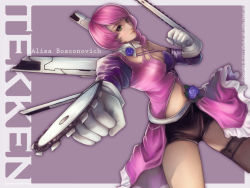 Rule 34 | 1girl, alisa boskonovich, bike shorts, black thighhighs, chainsaw, character name, clenched hand, clenched hands, copyright name, flower, frills, gloves, green eyes, mecha musume, midriff, namco, navel, pink hair, purple flower, purple rose, rose, short hair, solo, tekken, tekken tag tournament 2, thighhighs, white gloves, wuduo