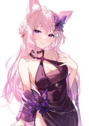 Rule 34 | 1girl, absurdres, animal ear fluff, animal ears, antenna hair, bare shoulders, black choker, black dress, blush, braid, braided bun, breasts, butterfly hair ornament, choker, cleavage, closed mouth, crown braid, dress, hair bun, hair ornament, hakui koyori, halter dress, halterneck, hand up, heiyan shenshi, highres, hololive, large breasts, long hair, looking at viewer, nail polish, pink hair, pink nails, purple eyes, simple background, solo, upper body, virtual youtuber, white background