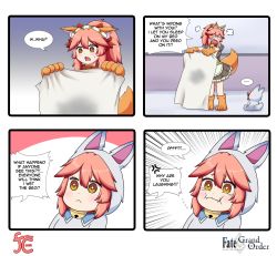 Rule 34 | 2girls, :&lt;, :3, puff of air, anger vein, angry, animal ear fluff, animal ears, animal hands, apron, bell, cat paws, collar, cosplay, dual persona, english text, engrish text, fangs, fate/grand order, fate (series), fou (fate), fou (fate) (cosplay), fox ears, fox girl, fox tail, fur-trimmed skirt, fur trim, gloves, hair ribbon, highres, jingle bell, keita naruzawa, laughing, long hair, multiple girls, neck bell, official alternate costume, open mouth, paw gloves, paw shoes, pink hair, ponytail, ranguage, red ribbon, ribbon, shoes, skirt, speech bubble, stained sheets, stifled laugh, tail, tamamo (fate), tamamo cat (fate), tears, yellow eyes