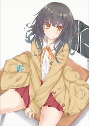 Rule 34 | &gt;:t, 1girl, :t, between legs, black hair, blush, brown eyes, cardigan, closed mouth, coat, desk, grey background, hand between legs, kafuka, kavka, long hair, looking at viewer, on desk, open clothes, open coat, original, pleated skirt, red skirt, school uniform, simple background, sitting, on desk, skirt, solo, spread legs, thighs, tsurime, v-shaped eyebrows, v arms, wavy hair