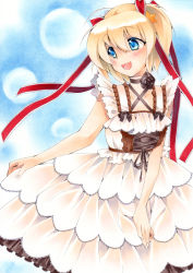 Rule 34 | 1girl, :d, bad id, bad pixiv id, bare arms, blonde hair, blue eyes, choker, dress, flower, hair ribbon, highres, kamikita komari, layered dress, little busters!, marker (medium), open mouth, ribbon, shie (m417), short hair, smile, solo, traditional media, twintails