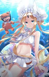 Rule 34 | 1girl, abigail williams (fate), abigail williams (swimsuit), abigail williams (swimsuit foreigner) (fate), abigail williams (swimsuit foreigner) (third ascension) (fate), air bubble, bare shoulders, bikini, blonde hair, blue eyes, bonnet, bow, braid, braided hair rings, breasts, bubble, closed mouth, diving mask, fate/grand order, fate (series), forehead, goggles, hair bow, hair rings, highres, innertube, keyhole, long hair, miniskirt, navel, parted bangs, sidelocks, skirt, small breasts, solo, stuffed animal, stuffed toy, swim ring, swimsuit, teddy bear, thighs, twin braids, twintails, underwater, unlock-creed, very long hair, white bikini, white bow, white headwear