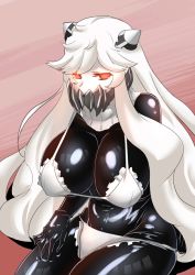 Rule 34 | 10s, 1girl, abyssal ship, ayuayu (shouyu no sato), blush, bodysuit, bodysuit under clothes, breasts, female focus, glowing, glowing eyes, horns, kantai collection, large breasts, latex, latex suit, long hair, looking at viewer, midway princess, red eyes, solo, swimsuit, white hair