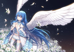 Rule 34 | 1girl, absurdly long hair, althea (sakiya0000), angel wings, blue bow, blue eyes, blue hair, blush, bow, breasts, crop top, feathered wings, floating hair, flower, frilled skirt, frills, hair between eyes, kneeling, long hair, medium breasts, midriff, miniskirt, neck ribbon, original, own hands clasped, own hands together, parted lips, petals, pleated skirt, ribbon, skirt, solo, stomach, suspender skirt, suspenders, thighhighs, very long hair, white flower, white skirt, white thighhighs, white wings, wings, zettai ryouiki