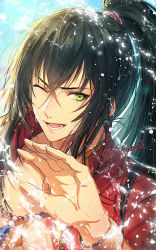 Rule 34 | 1boy, ;d, alternate hairstyle, black hair, chain necklace, commentary request, fate/grand order, fate (series), green eyes, hair between eyes, hand up, jacket, jewelry, kamui natsuki, long hair, long sleeves, looking at viewer, male focus, necklace, no tattoo, official alternate costume, one eye closed, open mouth, pearl necklace, ponytail, red jacket, sky, smile, solo, tattoo, toned, toned male, twitter username, upper body, very long hair, watch, water, wristwatch, yan qing (fate), yan qing (training wear) (fate)