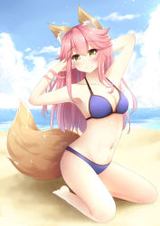Rule 34 | 1girl, animal ears, arms up, bare arms, bare shoulders, beach, bikini, blue bikini, blue sky, blush, breasts, cleavage, closed mouth, cloud, collarbone, commentary, day, fate/grand order, fate (series), fox ears, fox girl, fox tail, full body, hair between eyes, hands in hair, head tilt, highres, horizon, ikazu401, kneeling, long hair, looking at viewer, medium breasts, navel, ocean, outdoors, pink hair, sand, sky, smile, solo, swimsuit, tail, tamamo (fate), tamamo no mae (fate/extra), tamamo no mae (swimsuit lancer) (fate), very long hair, water, yellow eyes