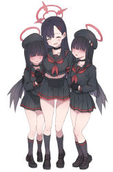 Rule 34 | 3girls, absurdres, black choker, black footwear, black gloves, black hair, black headwear, black sailor collar, black skirt, black socks, black wings, blue archive, blunt bangs, blush, choker, closed eyes, collarbone, commentary request, extra, faceless, faceless female, feathered wings, full body, gloves, hair ornament, hairclip, halo, height difference, highres, hime cut, hug, ichika (blue archive), justice task force member (blue archive), legs, long hair, long sleeves, looking at another, midriff peek, multiple girls, nanami yotsuya, neckerchief, pleated skirt, red halo, red neckerchief, sailor collar, simple background, skirt, socks, standing, swept bangs, thighs, very long hair, white background, wings