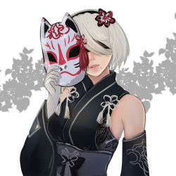 Rule 34 | 1girl, bare shoulders, black blindfold, blindfold, breasts, dress, elbow gloves, fox mask, gloves, hairband, japanese clothes, kimono, looking at viewer, mask, mitsuki nite, mole, mole under mouth, nier (series), nier:automata, short hair, short kimono, simple background, smile, solo, white hair, 2b (nier:automata)