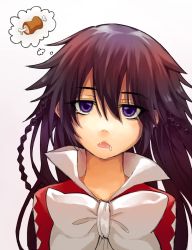 Rule 34 | 00s, 1girl, alice (pandora hearts), arms at sides, bow, braid, brown hair, drooling, fangs, food, gradient background, grey background, hair between eyes, head tilt, high collar, long bangs, long hair, meat, mouth drool, necktie, open mouth, pandora hearts, purple eyes, ribbon, solo, thought bubble, white background