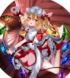 Rule 34 | 1girl, :o, ascot, blonde hair, bow, crystal, fangs, flandre scarlet, full body, hair between eyes, hat, holding, holding weapon, laevatein (touhou), mob cap, one side up, open mouth, puffy sleeves, red eyes, red footwear, red vest, sakizaki saki-p, shoes, short sleeves, skirt, socks, solo, spiral staircase, stairs, touhou, vest, weapon, white bow, wings, wrist cuffs