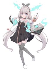 Rule 34 | 1girl, absurdres, alternate hairstyle, black camisole, bloomers, bow, bubble tea, camisole, choker, circuit board print, collarbone, cup, detached sleeves, disposable cup, dragon girl, drink, drinking straw, flat chest, grey hair, headband, highres, holding, holding cup, holding drink, holographic horns, ibuki meno, indie virtual youtuber, long hair, low twintails, mascot, mechanical tail, navel, official alternate costume, prism project, purple eyes, second-party source, see-through, siragagaga, slippers, solo, tail, thighhighs, twintails, underwear, virtual youtuber, white bloomers